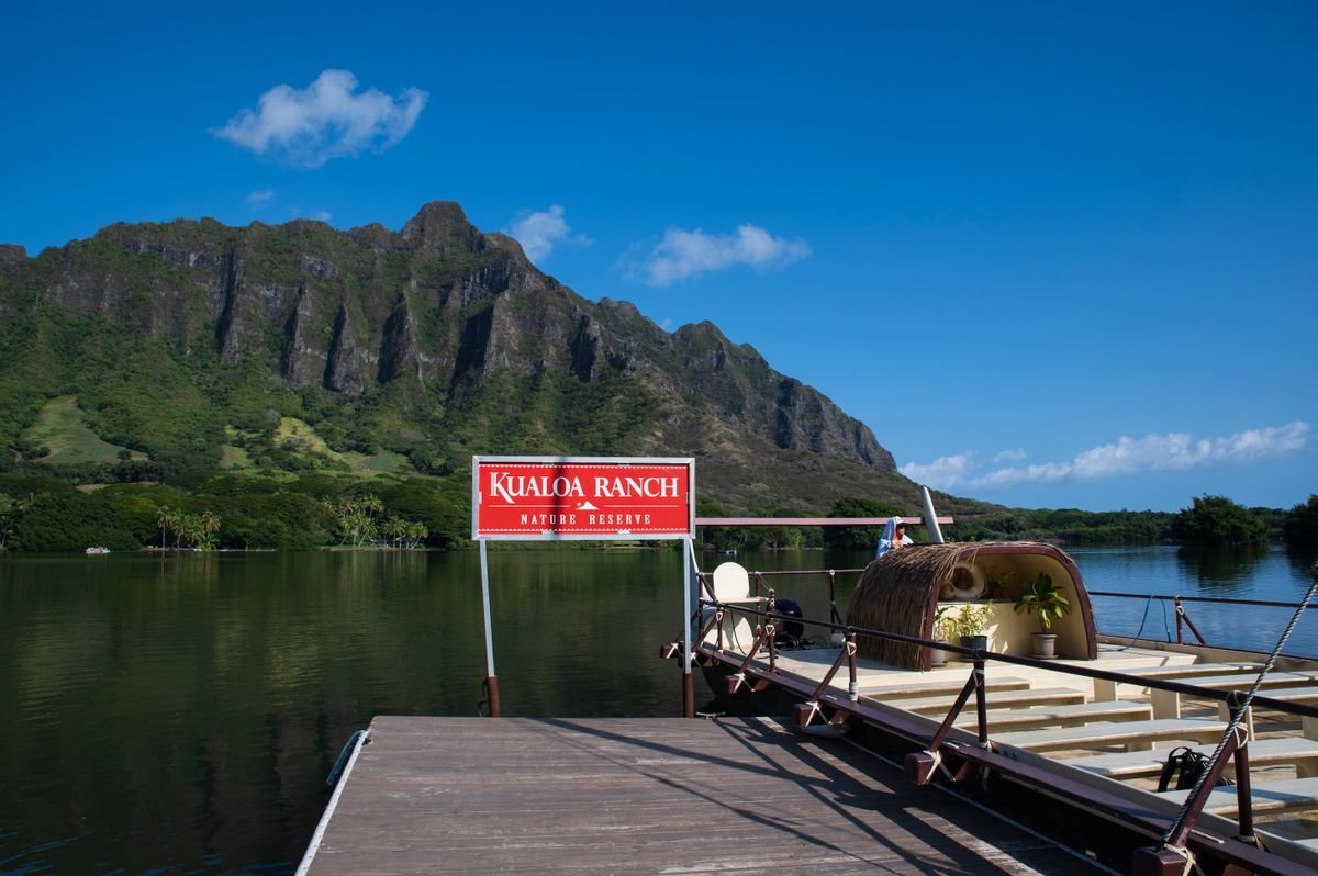The mountain ridges and coastline at Kualoa Ranch on the windward side of Oahu, Hawaii