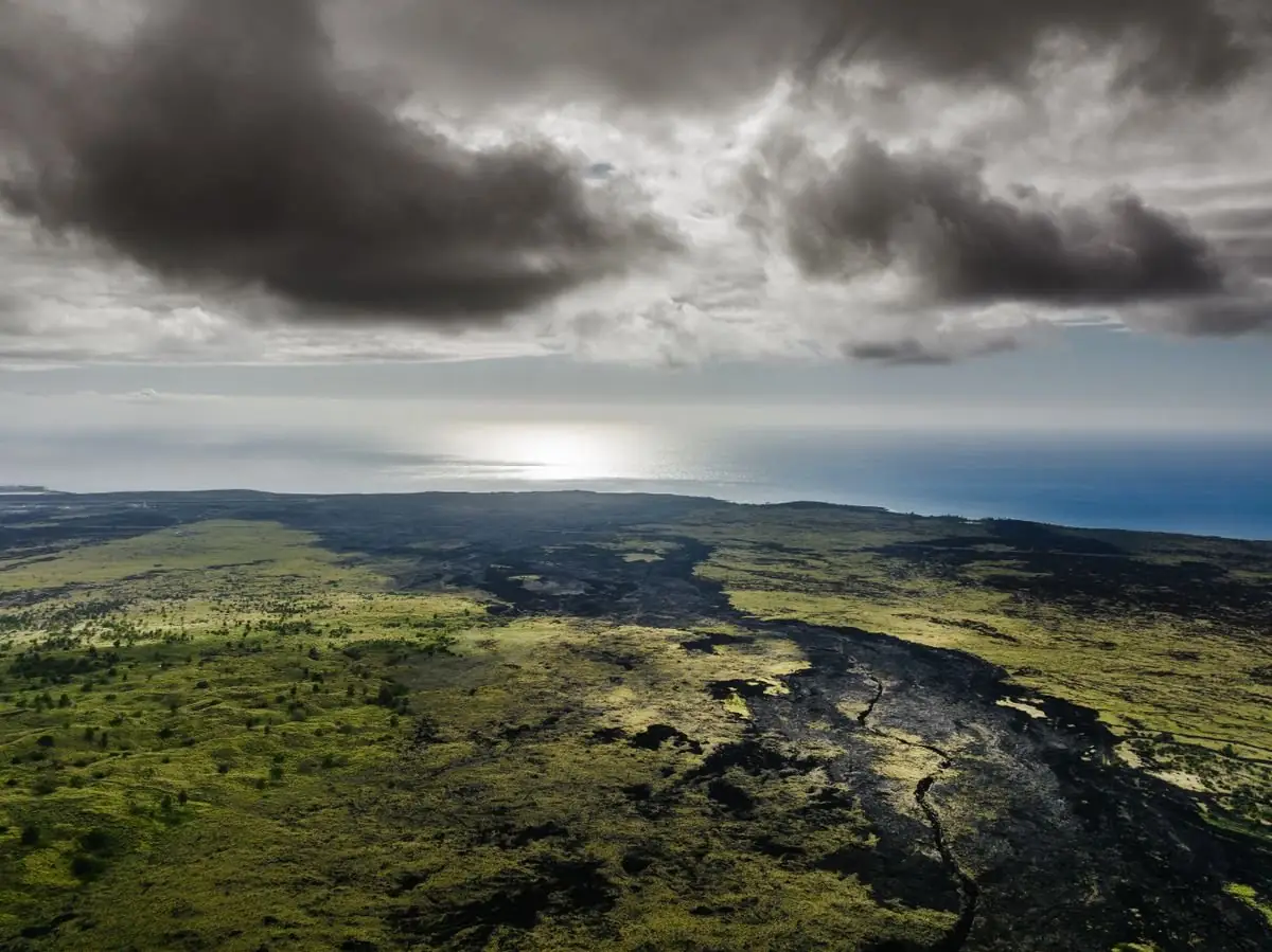 Aerial view of Hualalai Volcano and the surrounding landscape near Kalaoa on Hawaii's Big Island