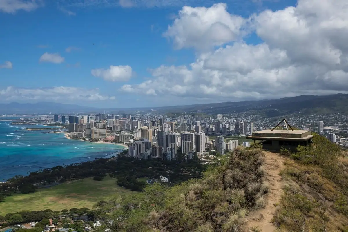 The Honolulu skyline and ocean seen from Diamond Head Crater on Oahu, Hawaii