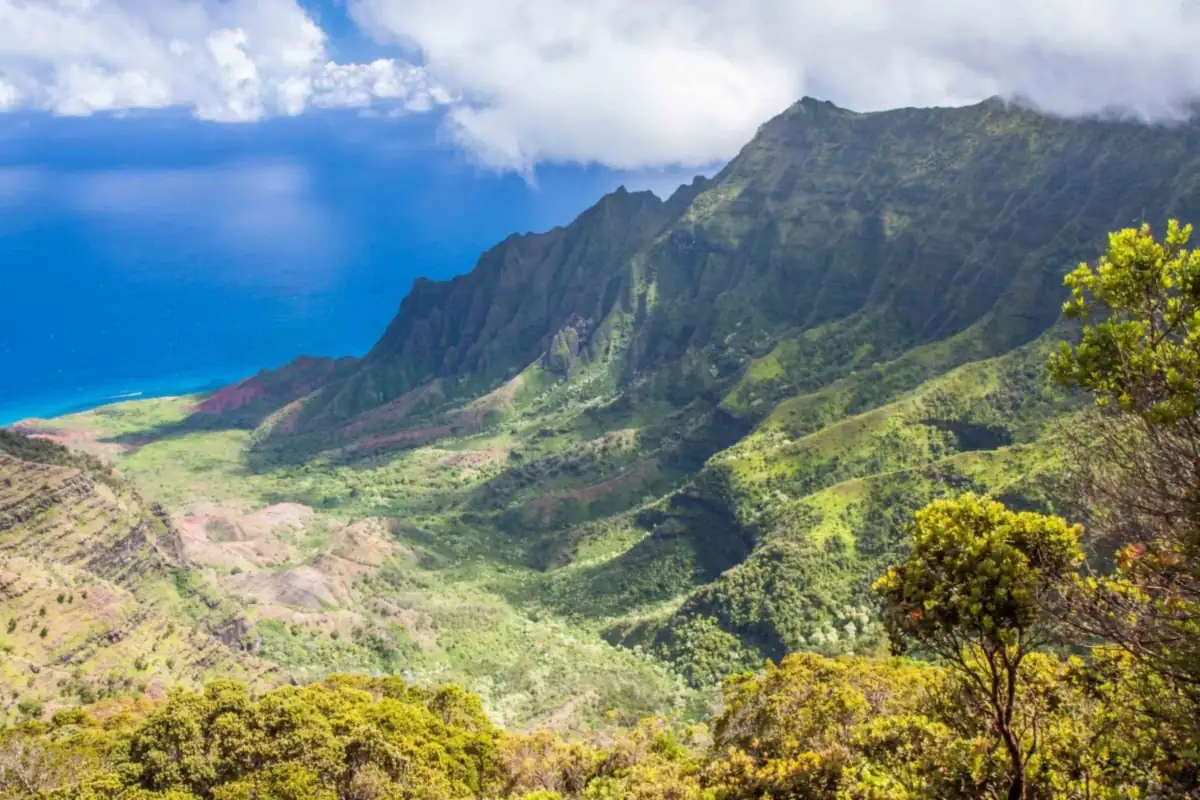 The green cliffs of the Na Pali Coast meeting the ocean on Kauai's north shore, beyond Haena State Park