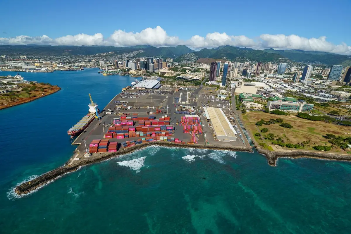 Aerial view of Honolulu Harbor and the city skyline