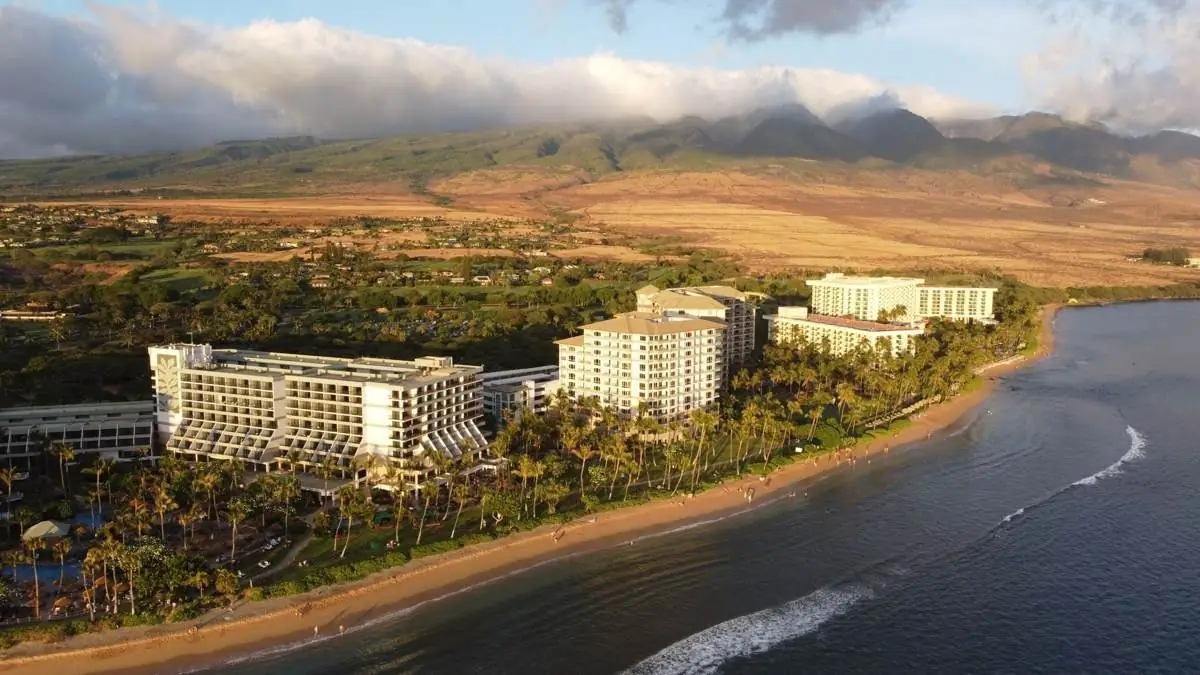 Aerial view of beachfront resorts along Kaanapali Beach on Maui at sunset