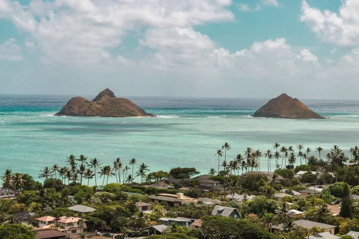Aerial view of Lanikai Beach with the Mokulua Islands offshore, Oahu, Hawaii