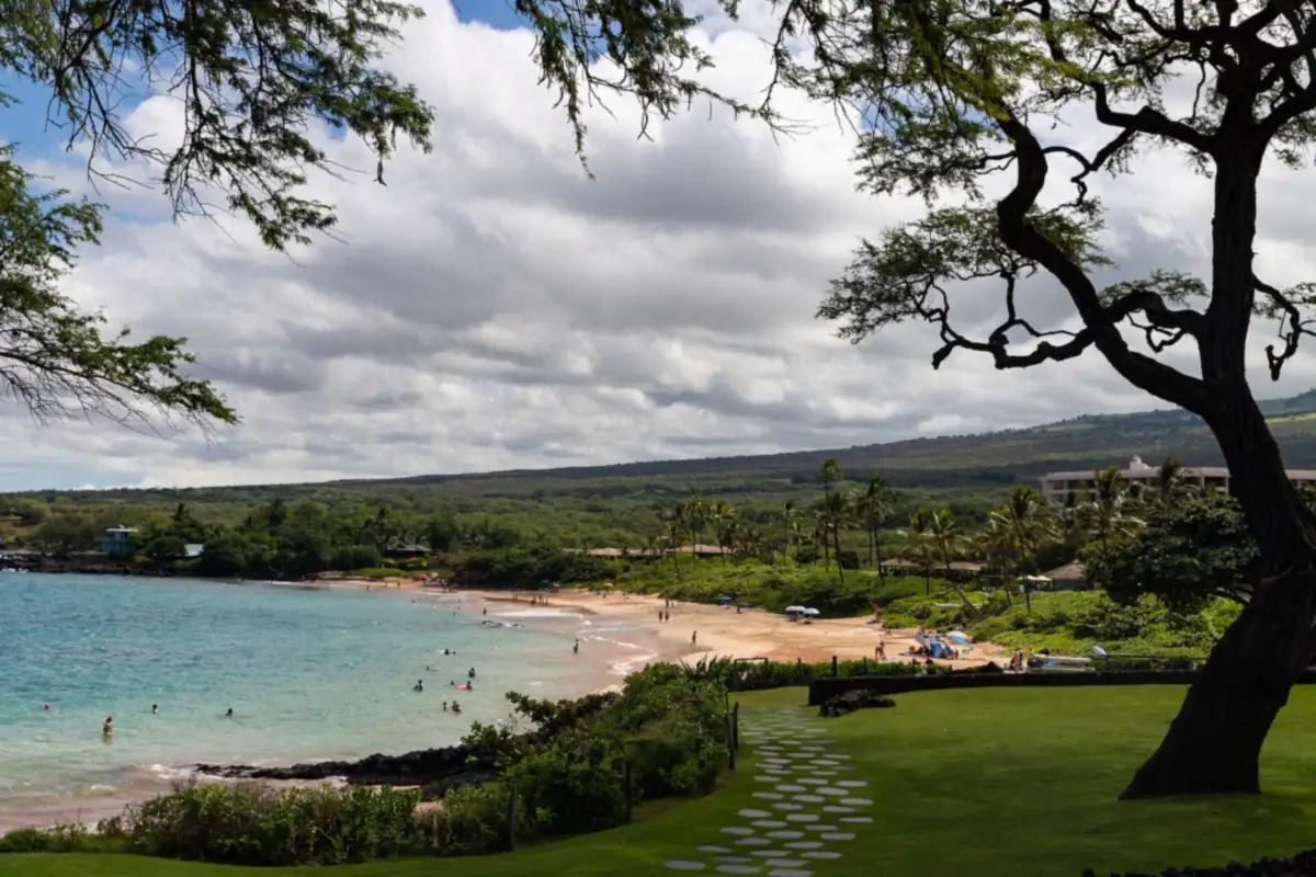 Maluaka Beach in Makena, Maui, seen from the park lawn