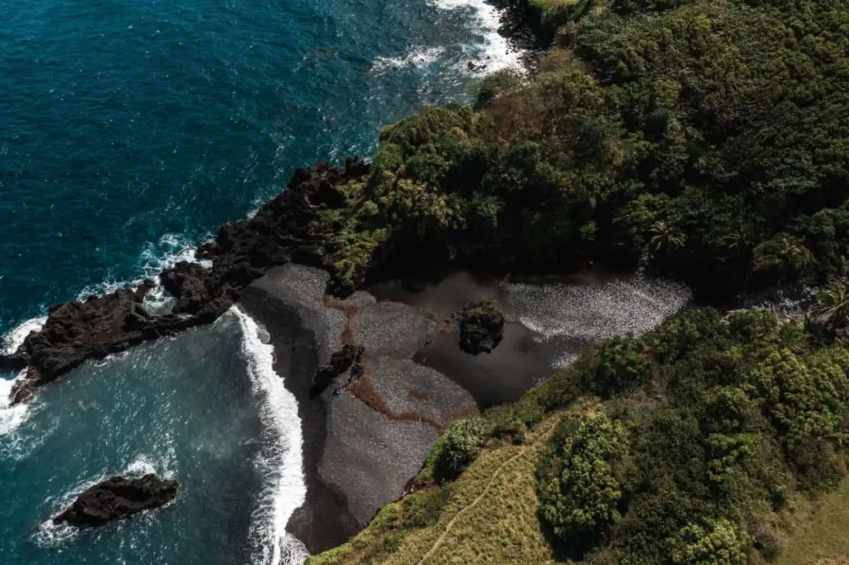 Black sand cove and sea cliffs on Maui's Hana coast